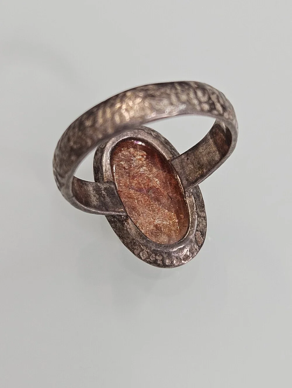 Sterling Silver Oval Sunstone Hammered Textured Band 925 Gemstone Ring Size 9 US
